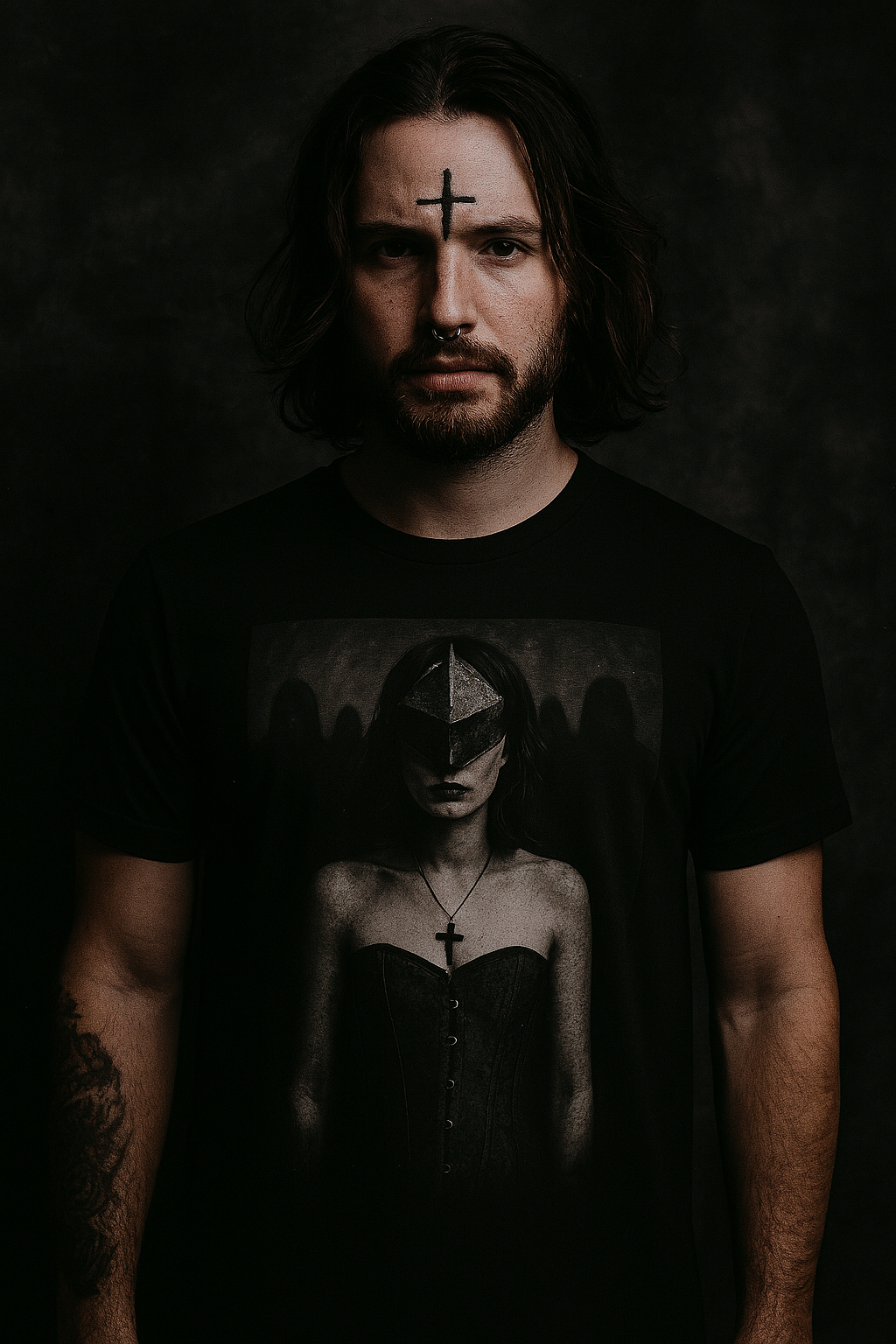 Man wearing a black t-shirt with a graphic design on a dark background
