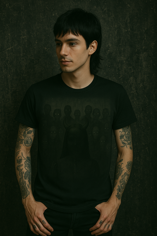 Person wearing a black t-shirt with a dark background