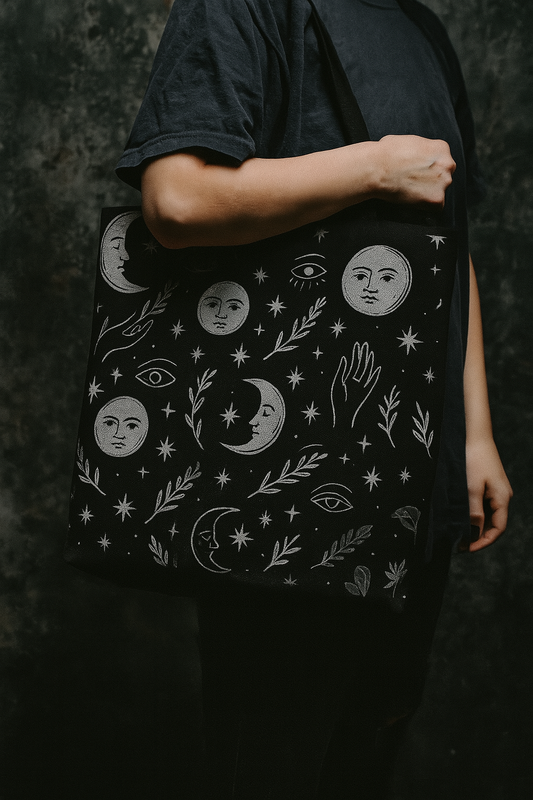 Person holding a black tote bag with celestial designs against a dark background